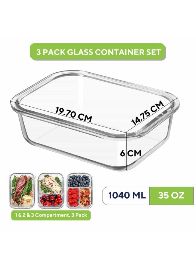 3‑Piece Glass Meal Prep Container Set – 35 oz 1/2/3‑Compartment Lunch Boxes with Airtight Lids | Oven, Freezer & Microwave Safe, Leak‑Proof Portion Control - Image 2